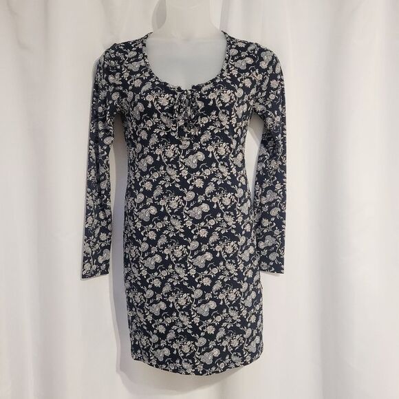 Forever 21 F21 Long Sleeve Bodycon Dress Lace Up Front Navy Paisley XL New OOS - Picture 1 of 10